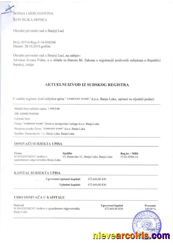 Bosnia and Hercegovina Certificate of Registration